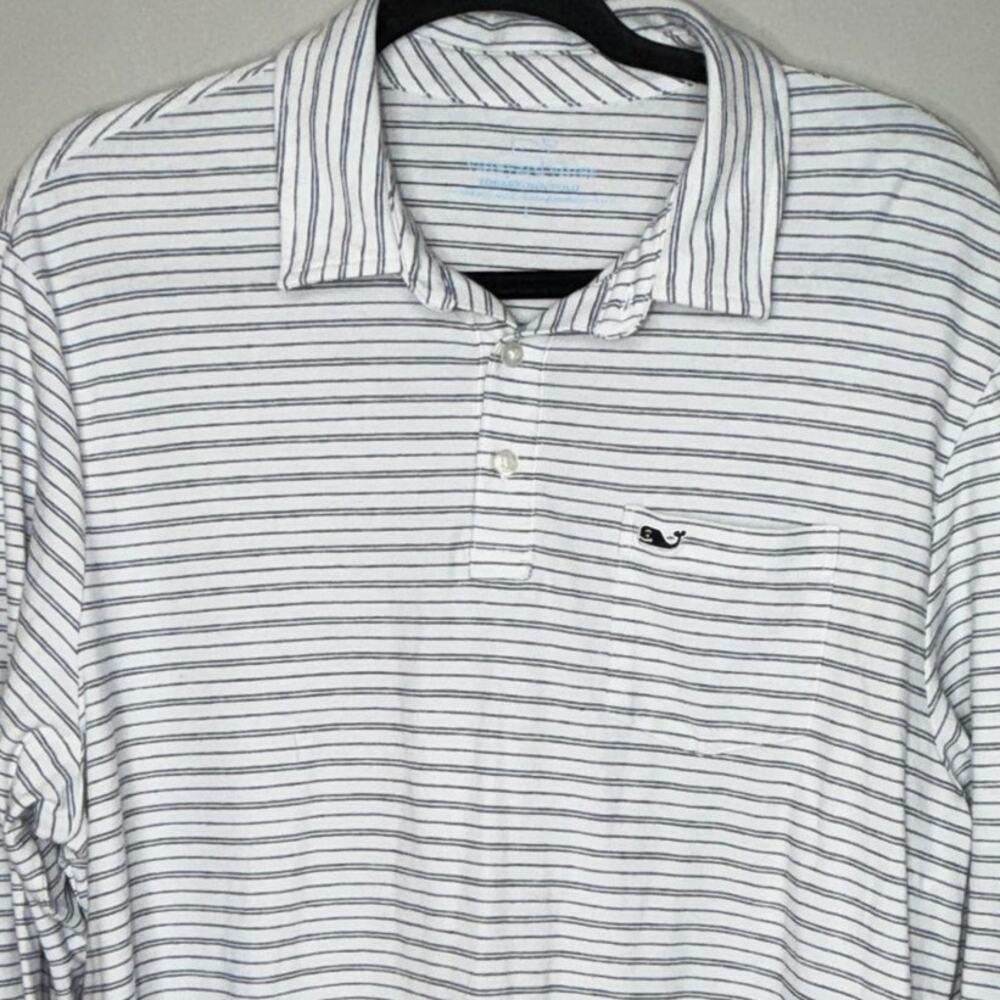 Vineyard Vines Edgartown Polo Men Size Large Gray White Stripe Long Sleeve Shirt